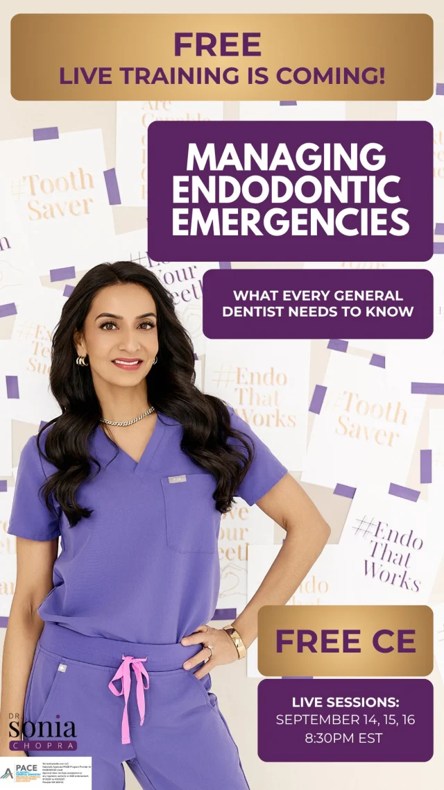 Friday afternoon. A patient calls with severe tooth pain, and suddenly you’re faced with a case you don’t feel fully prepared to handle.

That uncertainty is exactly what we’re addressing.
Join me for Managing Endodontic Emergencies, a FREE live training created for general dentists who want a clear, confident approach to urgent endodontic cases.

You’ll learn how to:
- Diagnose accurately
- Triage effectively
- Get patients out of pain
- Manage emergencies over the phone when needed - Prevent the same pain from bringing them back

Plus, you’ll earn CE credit along the way. September 14, 15 & 16

If you want to feel prepared the next time an emergency walks through your door, this is for you. 

Comment “EMERGENCY” and I’ll send you the registration link.

#Endodontics #DentalEducation #GeneralDentistry